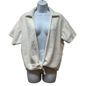 Vintage Retro White Terry Cloth Top Swimsuit Coverup Oversized Tie Front